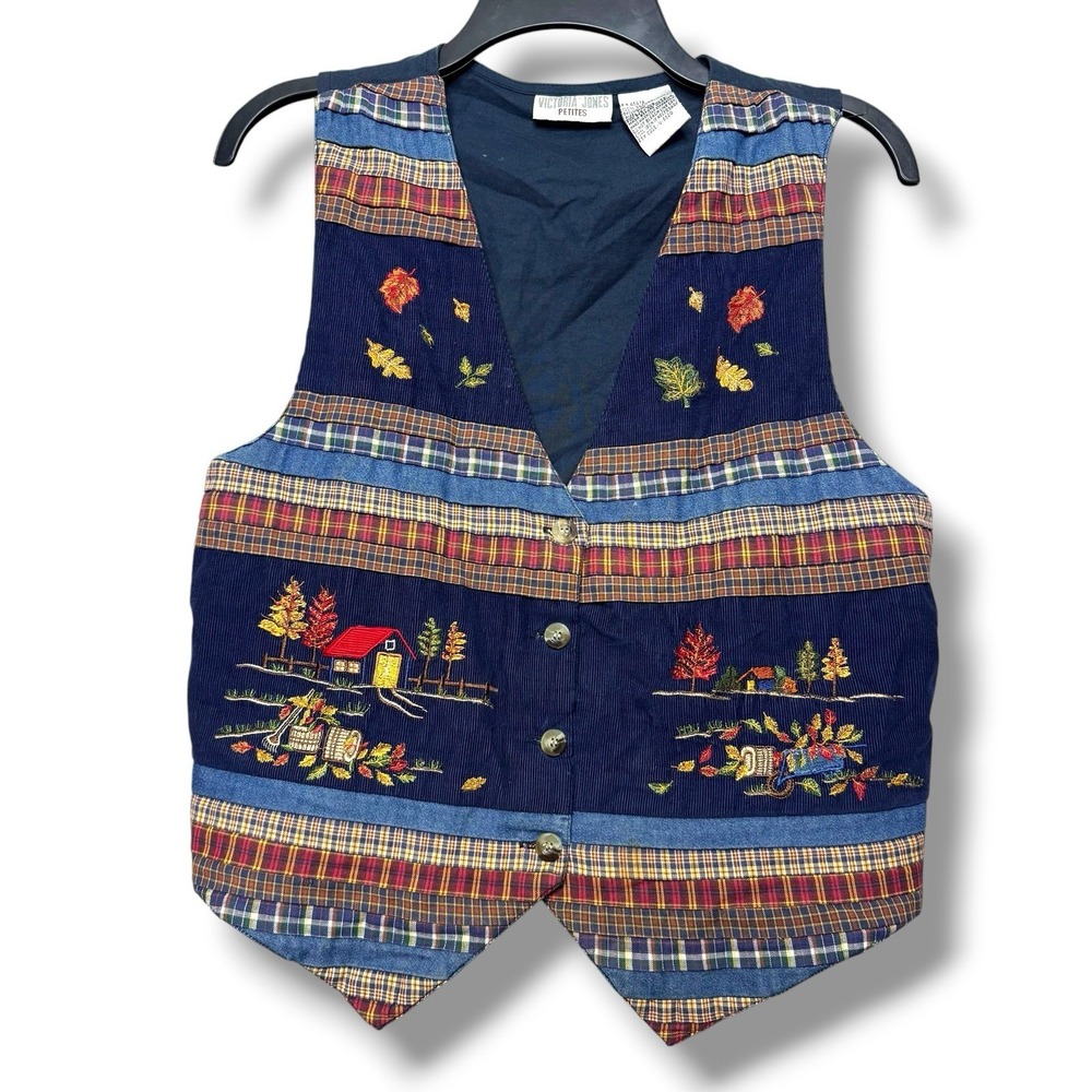 Vintage 90 Victoria Jones Holiday Vest Womens Size PM Plaid Corduroy Embroidered